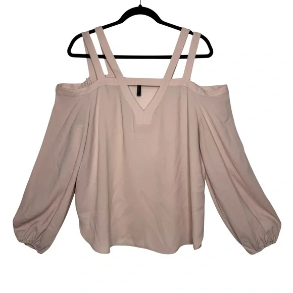BCBGMAXAZRIA Tina Bare Pink Woven Exposed Shoulder Subtle balloon sleeve top Lg - Picture 2 of 9